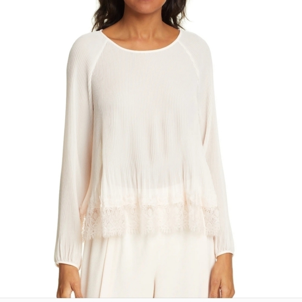 ✨️NWT Club Monoco White Ribbed Lace Zameeka Longsleeved Chemise Blouse Top XS